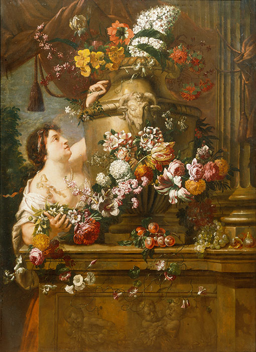 Anonimo — Tamm Franz Werner von (?) - sec. XVII/ XVIII - Natura morta con vaso di fiori e figura femminile — insieme